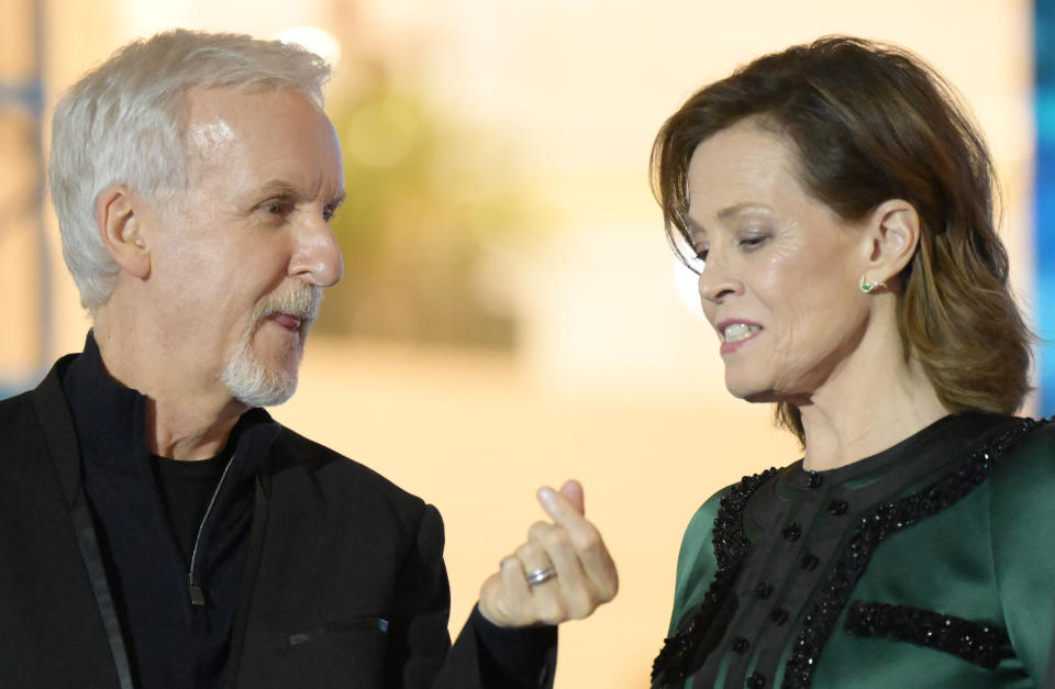 SEOUL, SOUTH KOREA - DECEMBER 09: Director James Cameron and actress Sigourney Weaver attend the premiere of movie 