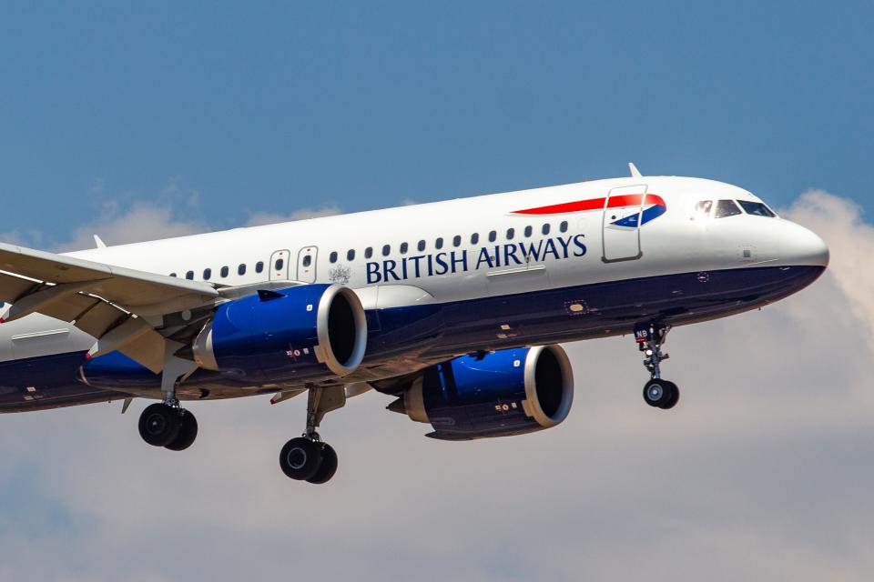 British Airways Airbus A320neo aircraft landing in a blue sky summer day at Athens International Airport AIA LGAV / ATH in Greece, on 15 July 2019.