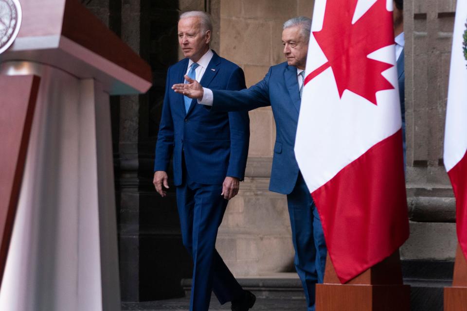 President Joe Biden, Mexican President Andres Manuel Lopez Obrador, and Canadian Prime Minister Justin Trudeau arrive for a news conference at the 10th North American Leaders' Summit at the National Palace in Mexico City, Tuesday, Jan. 10, 2023.