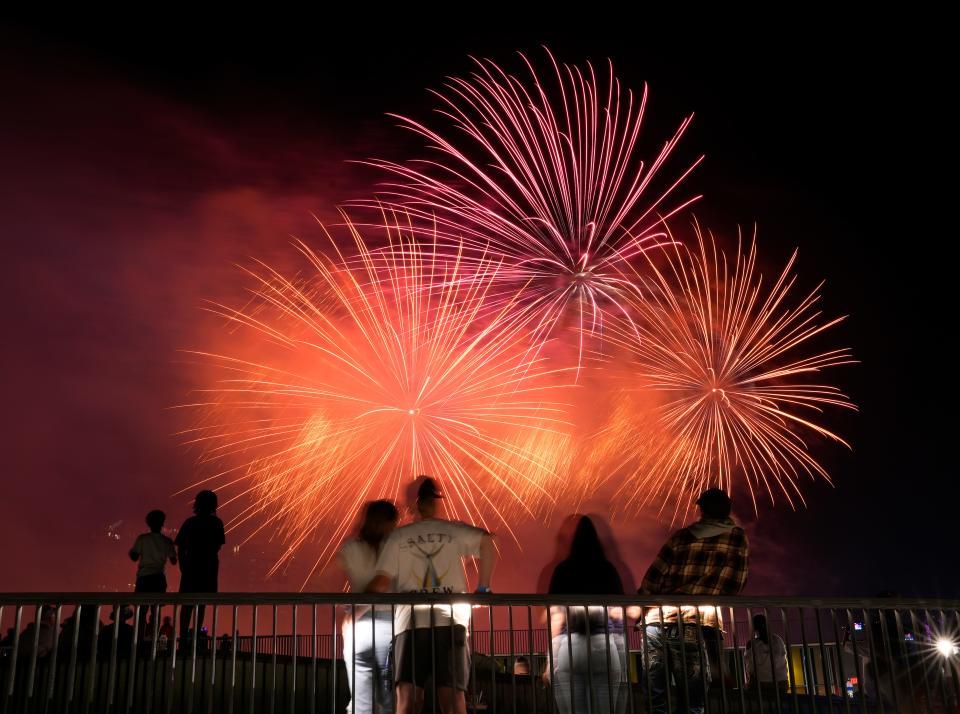 July 3, 2024; Columbus, Ohio, USA; 
Guests enjoy fireworks during Red, White and Boom in downtown Columbus from National Veterans Memorial and Museum.