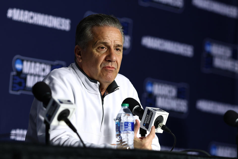 PITTSBURGH, PENNSYLVANIA - MARCH 20: Head coach John Calipari of the Kentucky Wildcats speaks during practice day at PPG PAINTS Arena on March 20, 2024 in Pittsburgh, Pennsylvania. (Photo by Tim Nwachukwu/Getty Images)