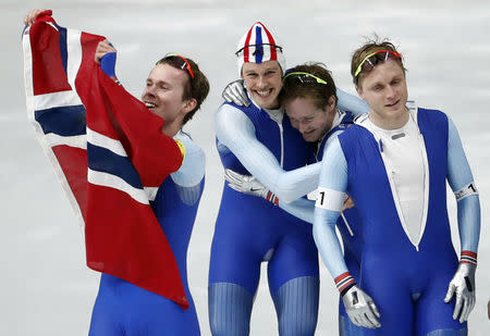 Speed Skating - Pyeongchang 2018 Winter Olympics - Men's Team Pursuit competition finals - Gangneung Oval - Gangneung, South Korea - February 21, 2018 - Sindre Henriksen, Havard Bokko, Simen Spieler Nilsen and Sverre Lunde Pedersen of Norway celebrate after winning a gold medal. REUTERS/Damir Sagolj