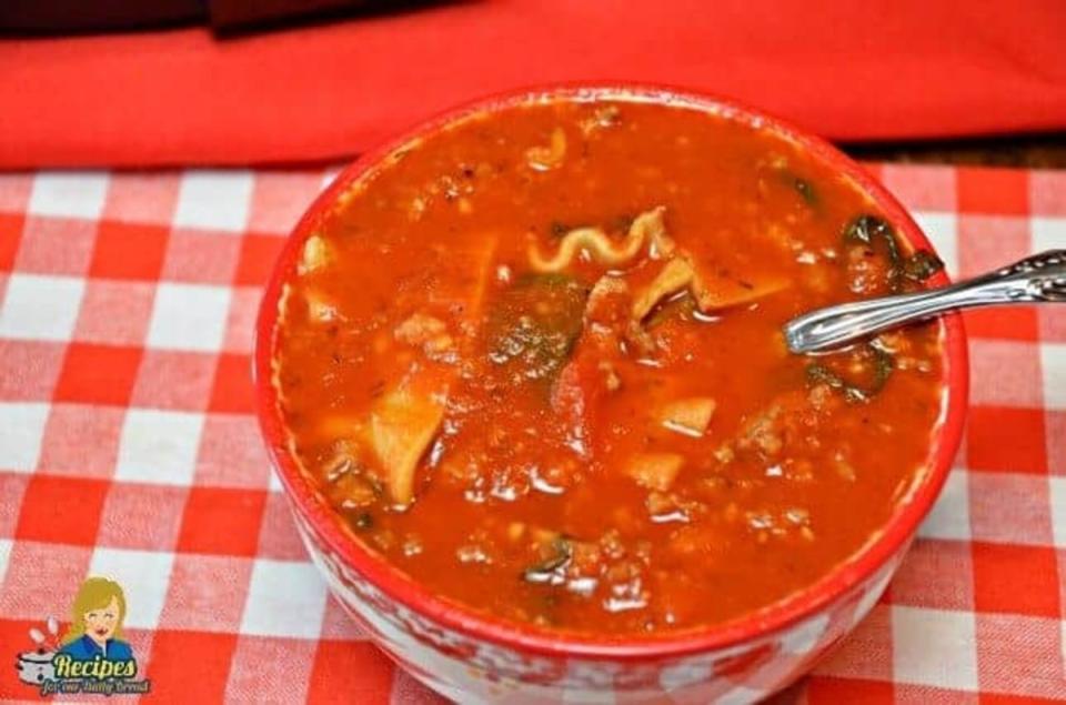 <p>Princess Pinky Girl</p><p>Instead of making lasagna, make this lasagna soup! So fun! </p><p><strong>Get the Recipe: <a href="https://princesspinkygirl.com/slow-cooker-lasagna-soup/" rel="nofollow noopener" target="_blank" data-ylk="slk:Crock Pot Lasagna Soup;elm:context_link;itc:0;sec:content-canvas" class="link ">Crock Pot Lasagna Soup</a></strong></p>