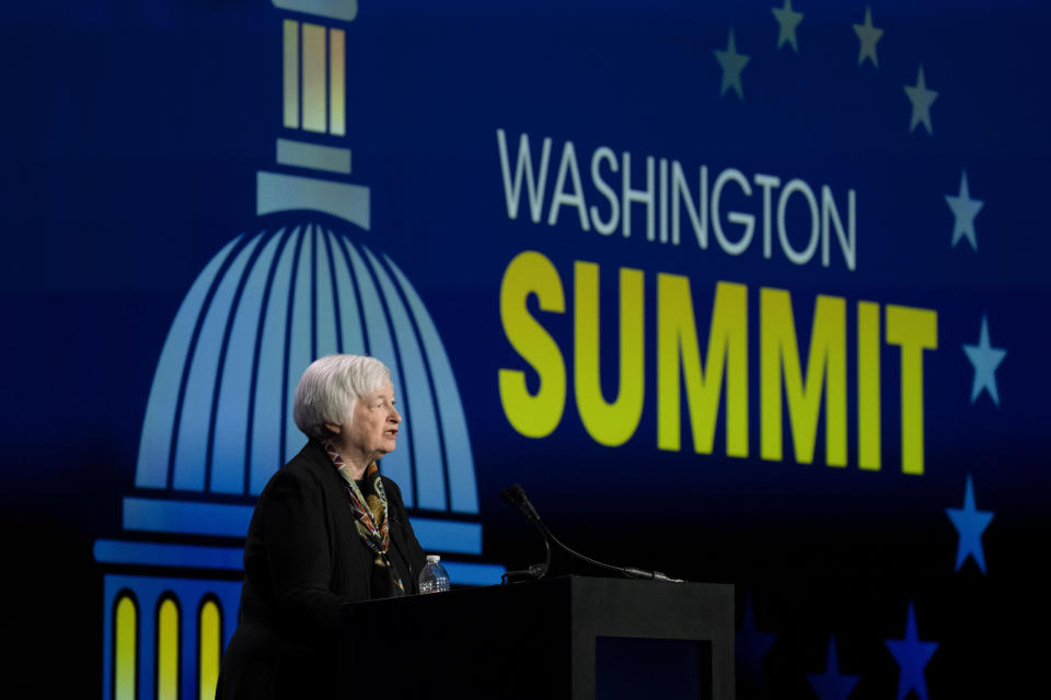 Treasury Secretary Janet Yellen speaks to the American Bankers Association, Tuesday, March 21, 2023, in Washington. (AP Photo/Manuel Balce Ceneta)