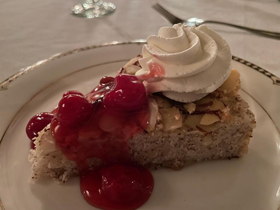 One dessert served by Buckthorn Inn is a brown-butter almond torte with brandied cherries.