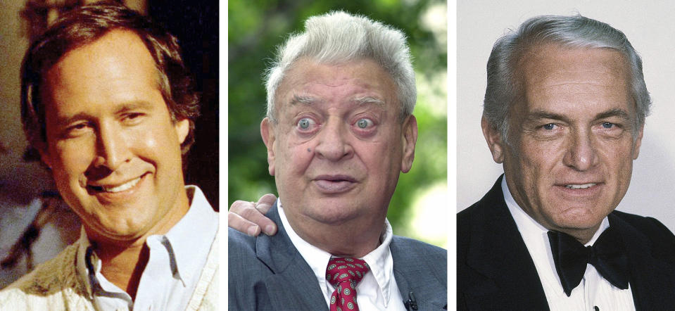 FILE - From left are file photos showing Chevy Chase in 1986, Rodney Dangerfielkd in 2002 and Ted Knight in 1981. "Caddyshack," the film that sparked countless oft-repeated quotes, most of them made up on the fly by comic geniuses and movie headliners Bill Murray, Chevy Chase, Rodney Dangerfield and Ted Knight, has been out for 40 years and hasn’t lost one bit of its popularity. Caddyshack was selected as the No. 4 — fore? — film in The Associated Press’ list of all-time top sports movies. (AP Photo/File)