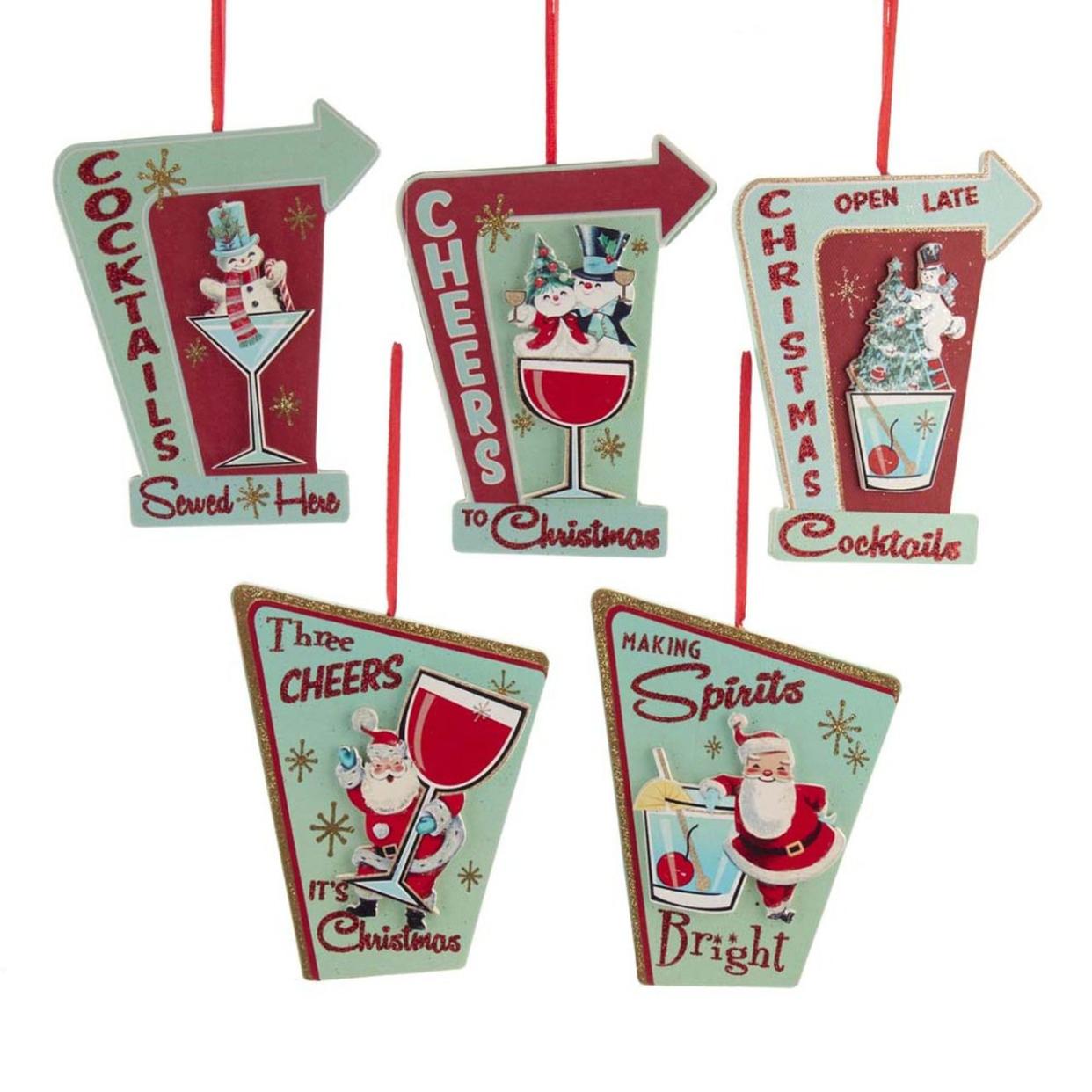 Kurt Adler Mid Century Cocktail Sign Christmas Ornaments