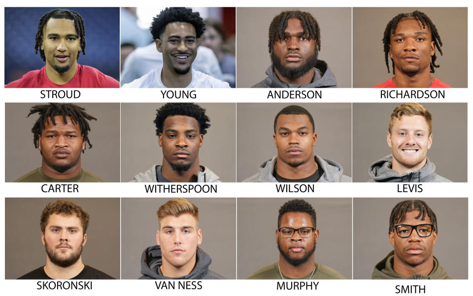 FILE - These are 2023 photos showing possible picks in the NFL football draft. From top left are: C.J. Stroud, Bryce Young, Will Anderson, Anthony Richardson, Jalen Carter, Devon Witherspoon, Tyree Wilson, Will Levis, Peter Skoronski, Lukas Van Ness, Myles Murphy and Nolan Smith. (AP Photo/File)