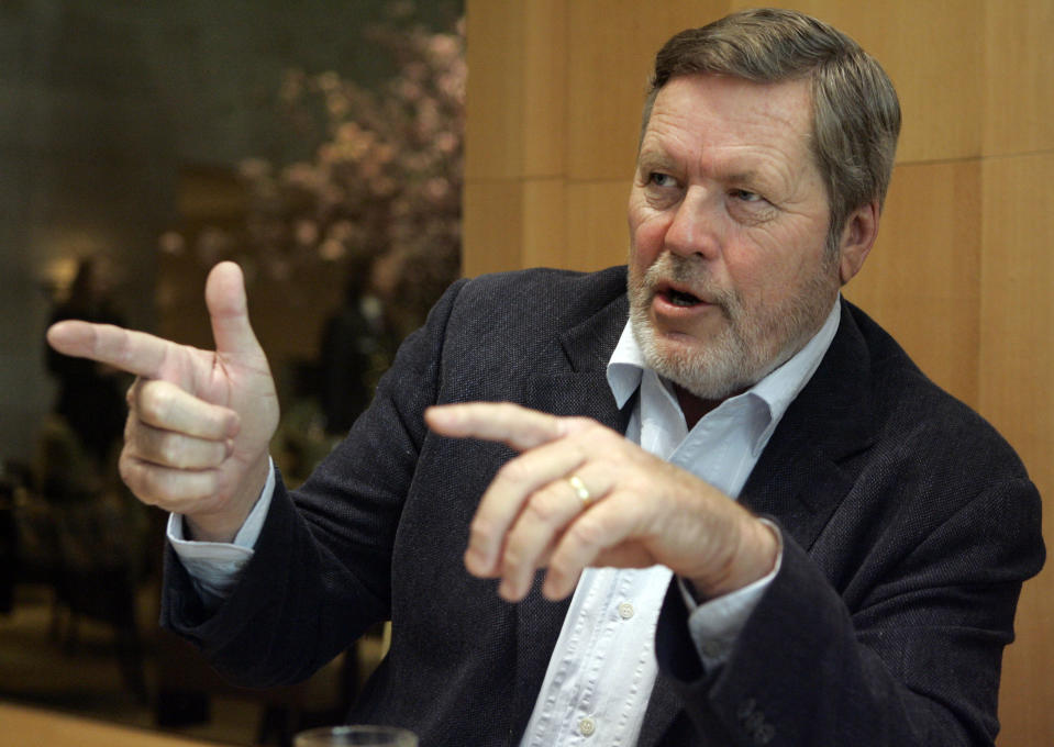 FILE - In this May 1, 2007, file photo, John Langley, creator of television's "Cops," gestures during an interview in New York. Langley has died during a road race in Mexico, a family spokeswoman said. Langley died in Baja, Mexico, of an apparent heart attack Saturday, June 26, 2021, during the Coast to Coast Ensenada-San Felipe 250 off-road race, family spokeswoman Pam Golum said. He was 78. (AP Photo/Richard Drew, File)