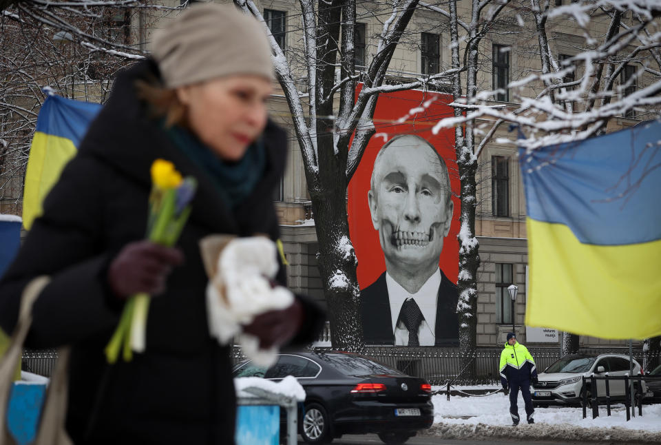 A mural depicting Russia's President Vladimir Putin decorates a building adjacent to the Russian Embassy in Riga, Latvia, in February.