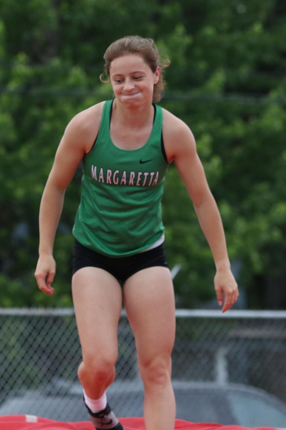 Margaretta's Kenna Stimmel topped her own regional meet record at 14 feet in the pole vault for another crown.