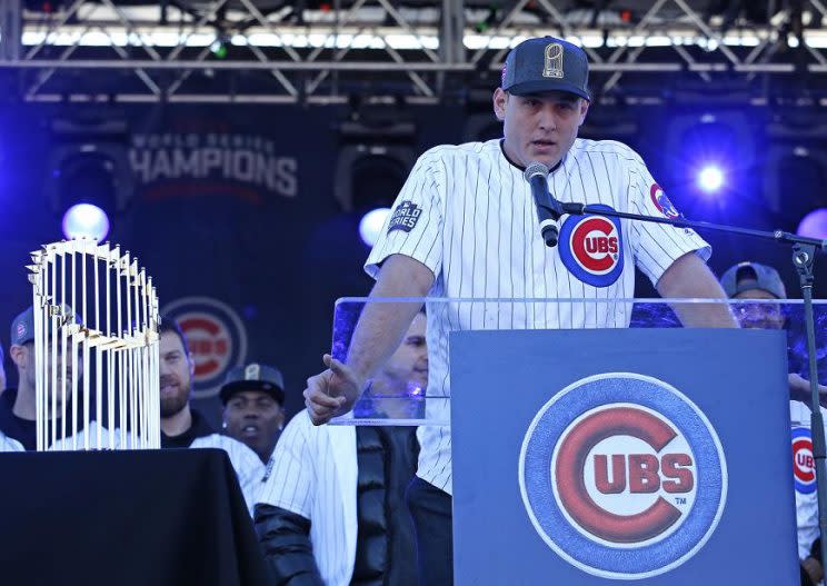 Anthony Rizzo speaks during the Cubs World Series celebration. (AP)