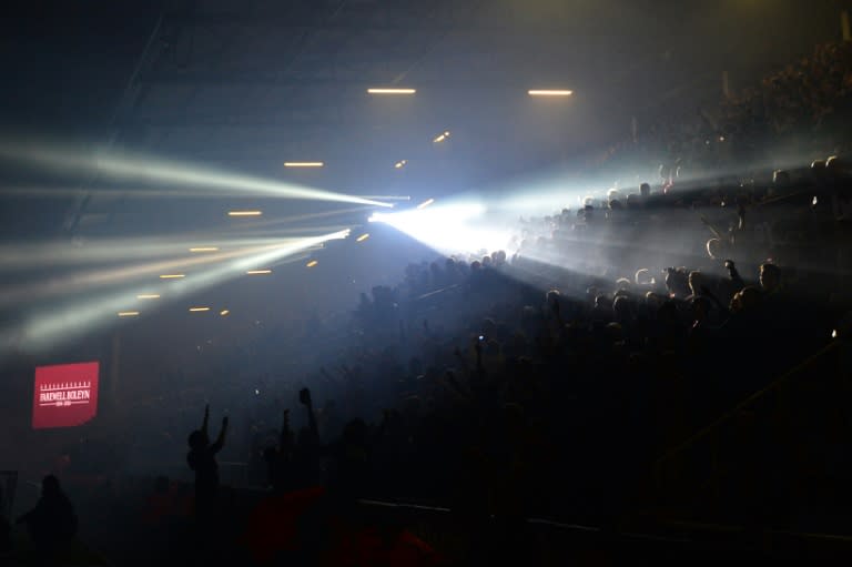 Spotlights move across the crowd as West Ham say goodbye to their stadium at the end of their match against United at The Boleyn Ground in Upton Park