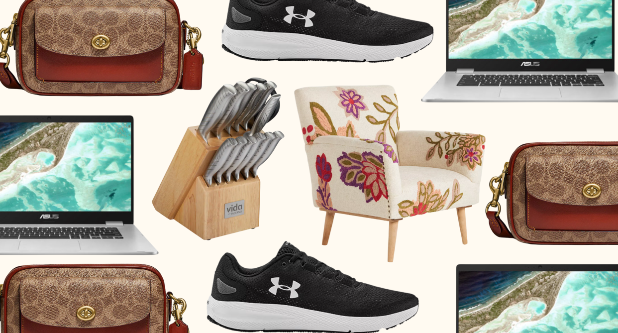 memorial day sales, coach bag, knife set, laptop, black sneakers, floral pink and white chair