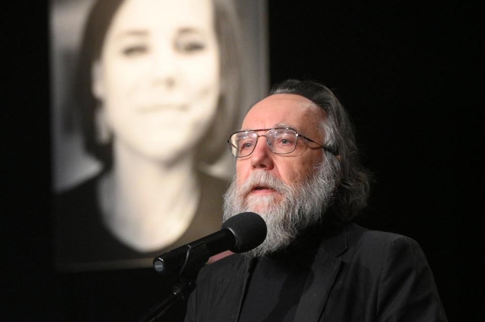 Putin ally Alexander Dugin speaking at a memorial for his daughter (AP)