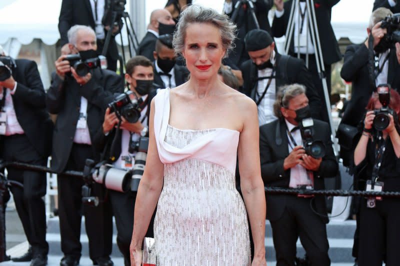 Andie MacDowell arrives on the red carpet before the screening of the film "Tout s'est bien passe (All Went Well)" at the 74th annual Cannes International Film Festival in 2021. File Photo by David Silpa/UPI