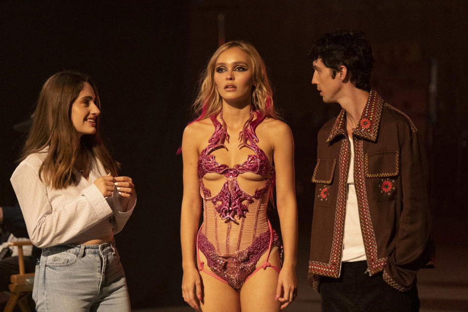 Lily-Rose as Jocelyn with Rachel Sennott as her assistant and Troye Sivan as her creative director