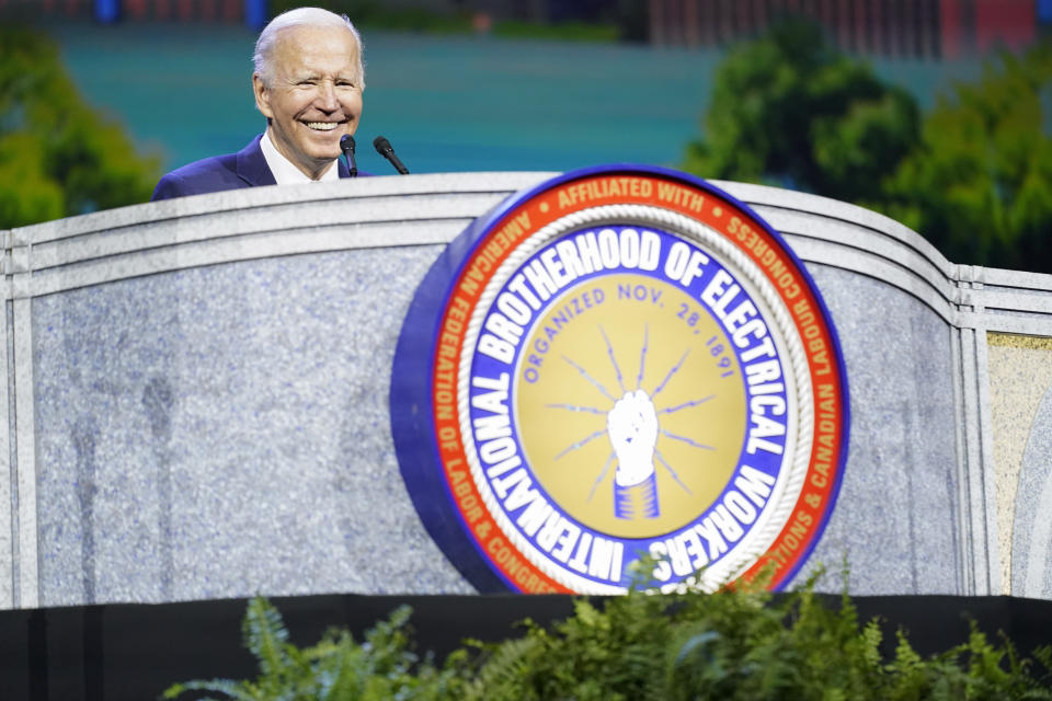 President Joe Biden speaks at the 40th International Brotherhood of Electrical Workers (IBEW) International Convention at McCormick Place, Wednesday, May 11, 2022, in Chicago. (AP Photo/Andrew Harnik)