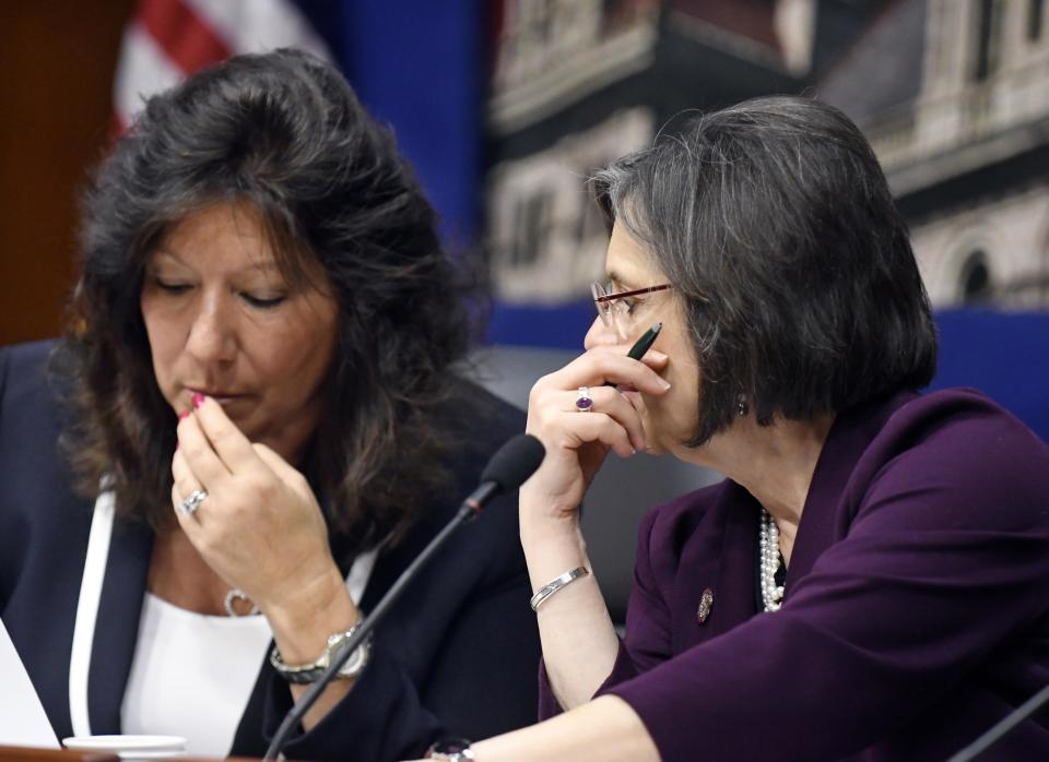 New York Sen. Susan Serino, R-Poughkeepsie, left, speaks with New York Assemblywoman Donna Lupardo, D-Binghamton during a joint legislative hearing on elder abuse prevention on Tuesday, Feb. 28, 2017, in Albany, N.Y. (AP Photo/Hans Pennink)