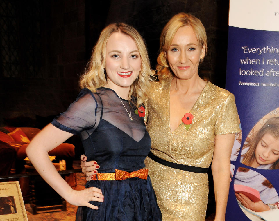 LONDON, ENGLAND - NOVEMBER 09:  Evanna Lynch (L) and J.K. Rowling attend the Lumos fundraising event hosted by J.K. Rowling at The Warner Bros. Harry Potter Tour on November 9, 2013 in London, England.  (Photo by David M. Benett/Getty Images for Lumos)