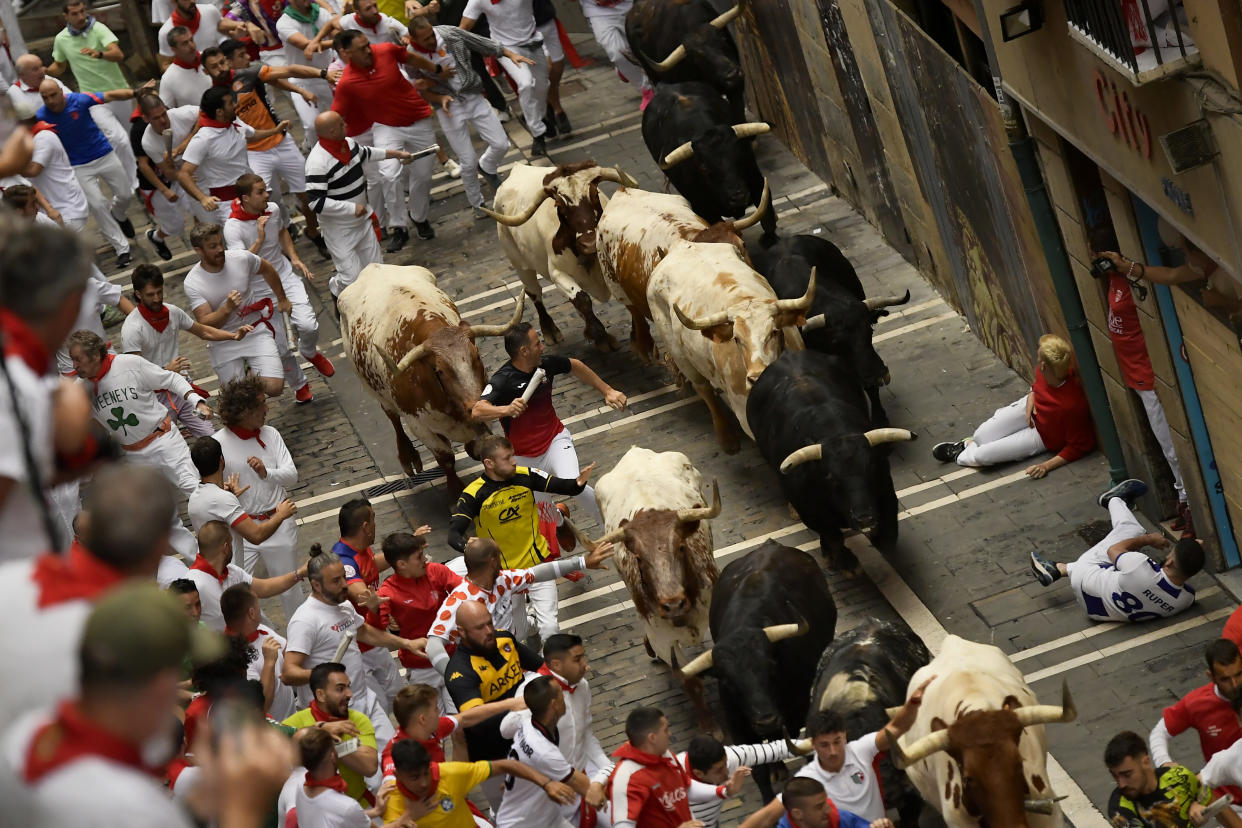 Revelers run alongside the bulls charging down the street on the third day of the famous Pamplona bull run.