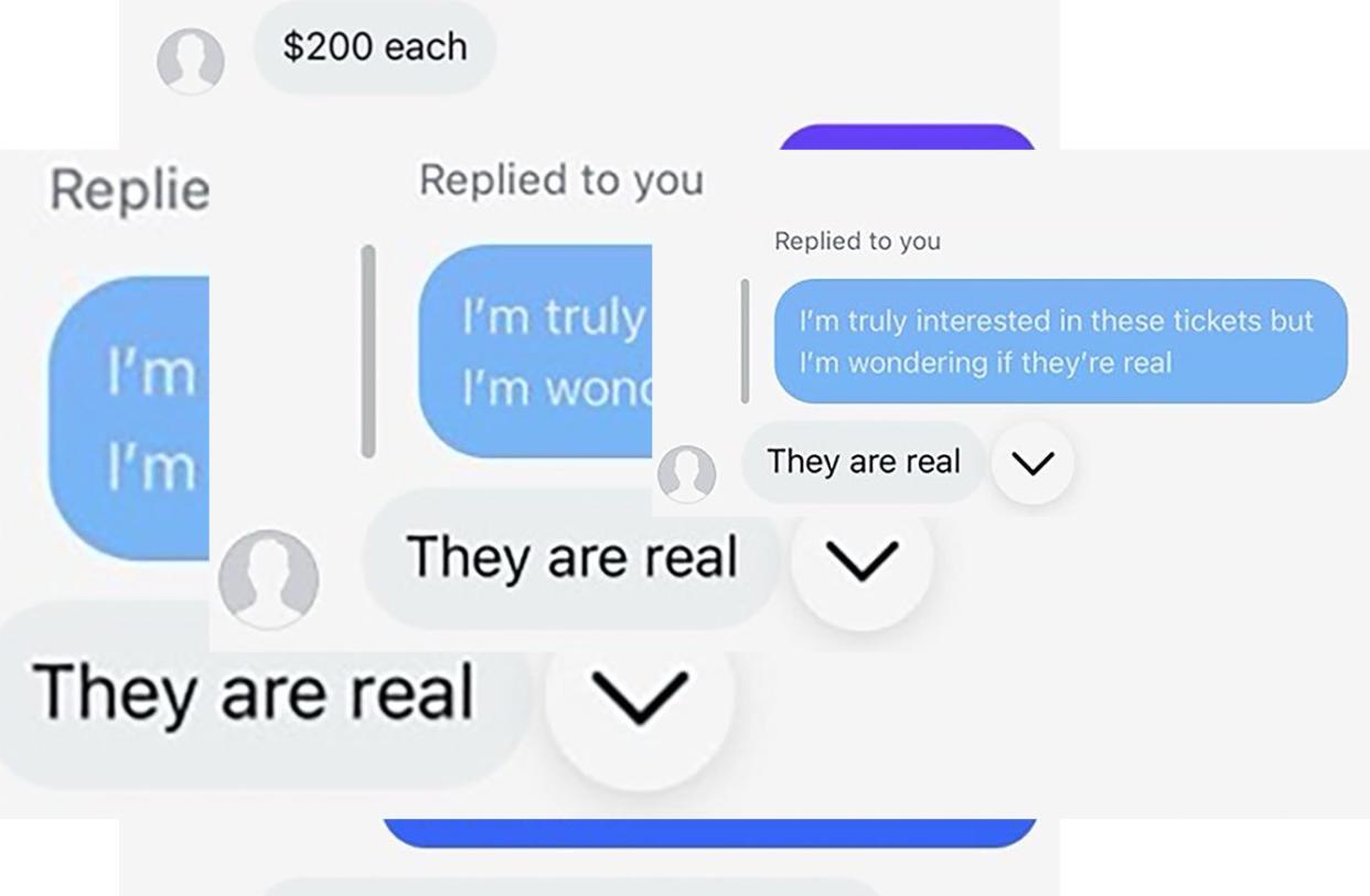 A screenshot of Kayla Middlemist's conversation with a Taylor Swift ticket scammer. Middlemist paid $200 for a ticket that did not exist, but PayPal reimbursed her, citing fraudulent activity.