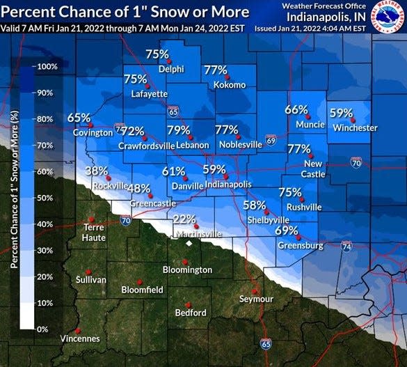 Indianapolis could see the first snow accumulation of the season on Sunday, Jan. 24, 2022.