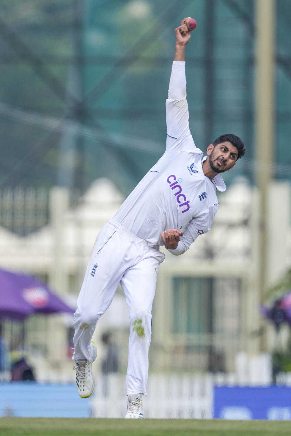 England's Shoaib Bashir bowls on the fourth day of the fourth cricket test match between England and India in Ranchi, India, Monday, Feb. 26, 2024. (AP Photo/Ajit Solanki)