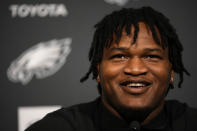 Newly drafted Philadelphia Eagles' Jalen Carter smiles while answering a question during a news conference at the NFL football team's training facility, Friday, April 28, 2023, in Philadelphia. (AP Photo/Matt Slocum)