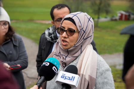 Rana Ghanem, member of a Yemeni government delegation, speaks to journalists during the ongoing peace talks on Yemen held at Johannesberg Castle, in Rimbo, Sweden, December 8, 2018. Henrik Montgomery / TT News Agency/via REUTERS