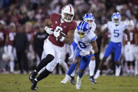 Stanford wide receiver Elijah Higgins (6) runs after a reception against BYU during the first half of an NCAA college football game in Stanford, Calif., Saturday, Nov. 26, 2022. (AP Photo/Godofredo A. Vásquez)