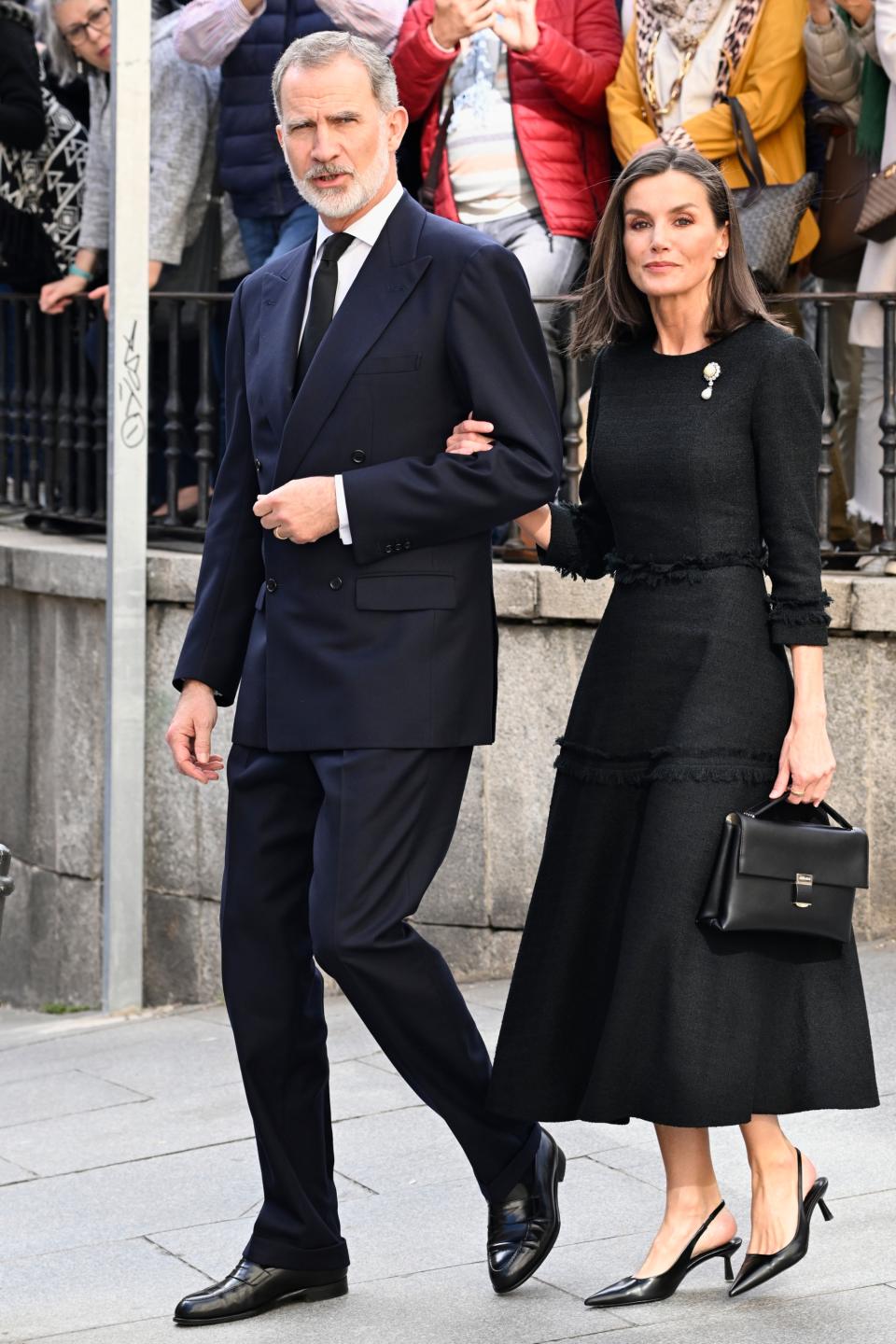 King Felipe VI and Queen Letizia of Spain arrive to Mass Tribute for Fernando Gómez-Acebo on April 08, 2024 in Madrid, Spain.
