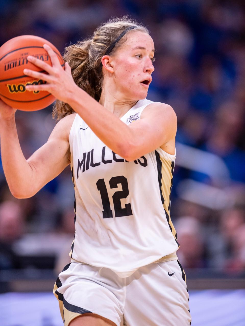 Noblesville High School junior Ashlynn Shade (12) during the second half of an IHSAA Girls’ Basketball Class 4A State Championship game against Franklin Community High School, Saturday, Feb. 26, 2022, at Gainbridge Fieldhouse. Noblesville won 76-52.