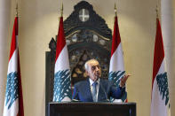 Lebanese Parliament Speaker Nabih Berri, speaks during a news conference, in Beirut, Lebanon, Thursday, Oct. 1, 2020. Berri announced Thursday that an agreement has been reached on a framework of indirect talks between Lebanon and Israel over the longstanding disputed maritime border between the two countries. (AP Photo/Bilal Hussein)