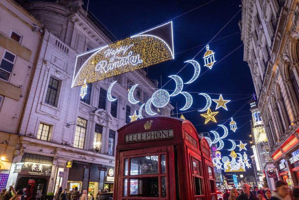 First ever Ramadan lights installation at Piccadilly Circus is pictured on the eve of the first day of Ramadan, in London, Britain, March 21 2023.  