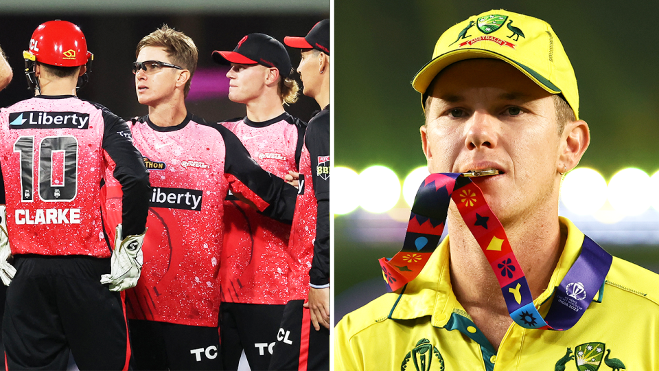 Adam Zampa celebrates with his teammates and Zampa with the World Cup medal.