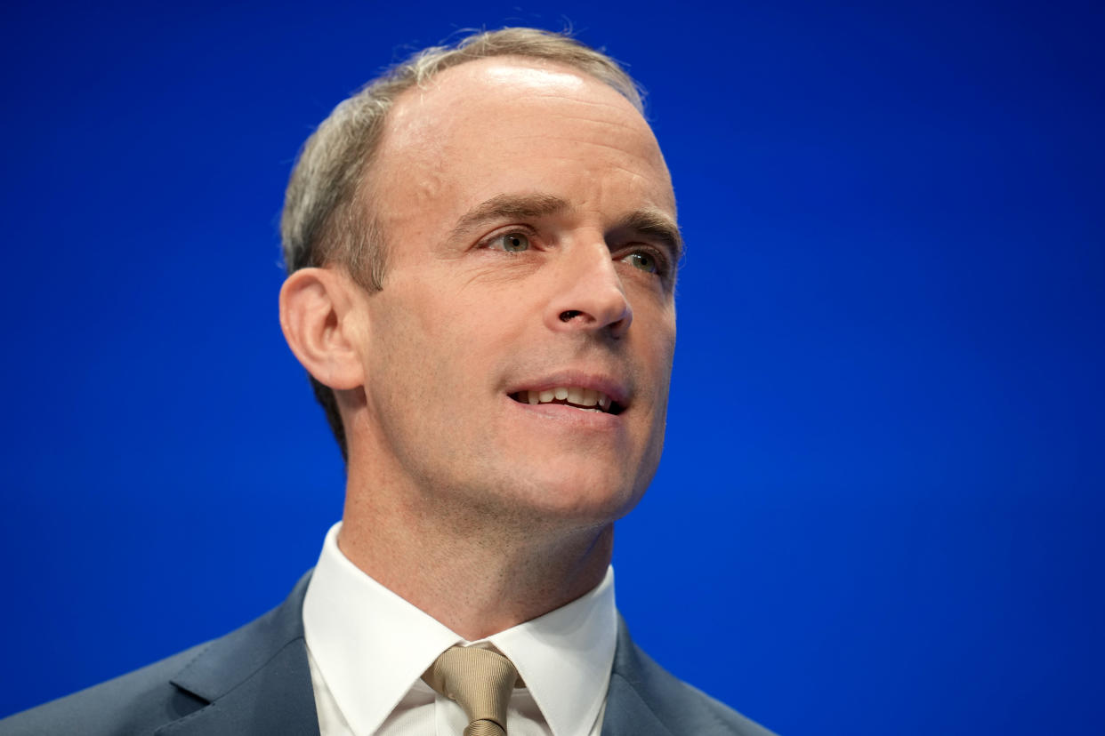 MANCHESTER, ENGLAND - OCTOBER 05:  Justice Secretary and deputy Prime Minister Dominic Raab delivers his keynote speech on the third day of the Conservative Party Conference at Manchester Central Convention Complex on October 05, 2021 in Manchester, England. This year's Conservative Party Conference returns as a hybrid of in-person and online events after last year it was changed to a virtual event due to the Coronavirus pandemic. Boris Johnson addresses the party as its leader for the third time. (Photo by Christopher Furlong/Getty Images)