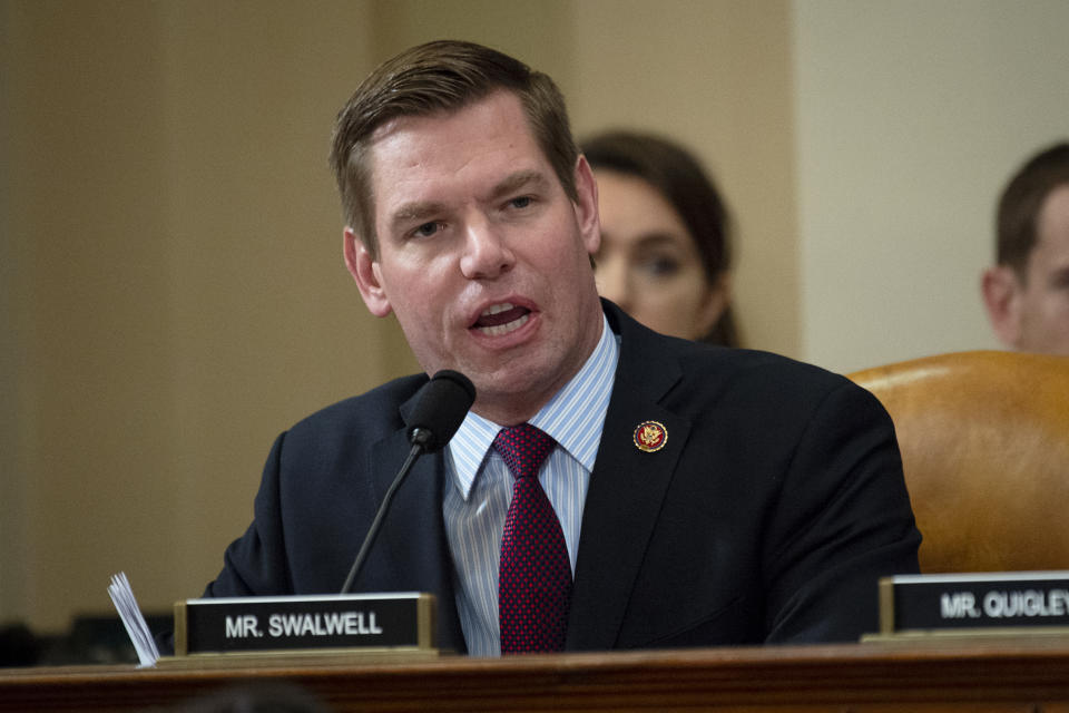 UNITED STATES - NOVEMBER 15: Rep. Eric Swalwell, D-Calif., speaks during the House Select Intelligence Committee hearing on the impeachment inquiry into President Donald Trump with former U.S. Ambassador to Ukraine Marie Yovanovitch on Friday Nov. 15, 2019. (Photo by Caroline Brehman/CQ-Roll Call, Inc via Getty Images)