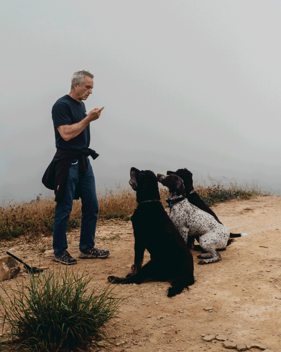Image: Robert F. Kennedy Jr. tosses treats to his dogs. (Mark Abramson for NBC News)