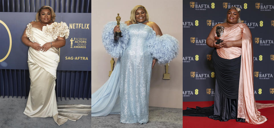 Esta combinación de fotografías muestra a Da'Vine Joy Randolph en un vestido marfil de corte sirena en la 30a entrega de los Premios del Sindicato de Actores de la Pantalla en Los Ángeles el 24 de febrero de 2024, izquierda, Randolph con un vestido azul a la medida de Louis Vuitton con el premio a mejor actriz de reparto por "The Holdovers" en los Oscar en Los Ángeles el 10 de marzo, centro, y Randolph con un vestido durazno y negro de Robert Wun con el premio a mejor actriz de reparto por "The Holdovers" en los BAFTA en Londres el 18 de febrero de 2024. (Foto AP)