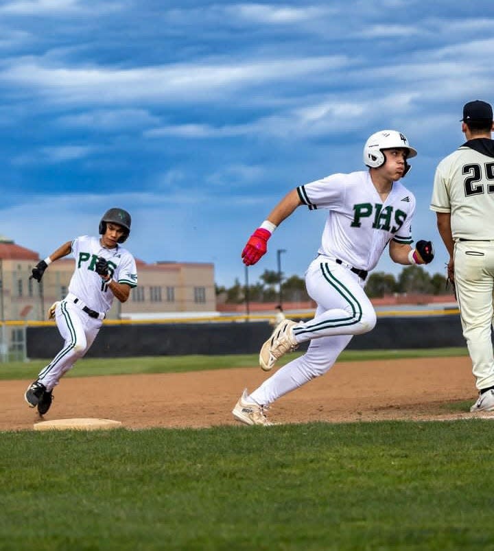 Two Pacifica runners round third base and head home during the Tritons' 13-3 win over Ventura in a Channel League game on Friday, March 15, 2024.