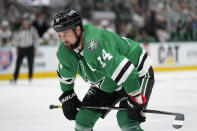 Dallas Stars' Jamie Benn (14) waits for a face-off against the Vegas Golden Knights in the third period of Game 6 of the NHL hockey Stanley Cup Western Conference finals, Monday, May 29, 2023, in Dallas. (AP Photo/Tony Gutierrez)