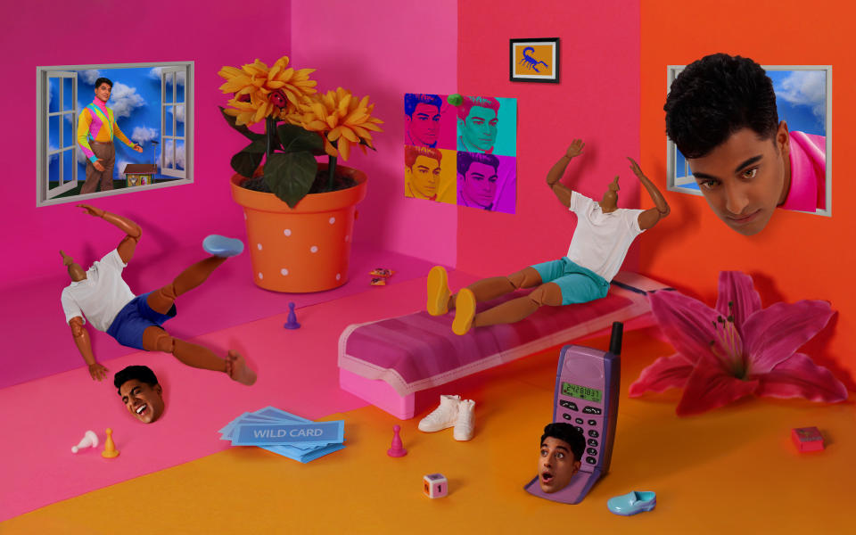 a bedroom scene with a Ritesh's head coming in through the window, and different body parts