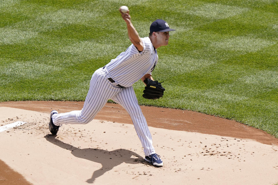 New York Yankees starting pitcher Jameson Taillon delivers during the first inning of a baseball gam against the Kansas City Royals, Thursday, June 24, 2021, at Yankee Stadium in New York. (AP Photo/Kathy Willens)