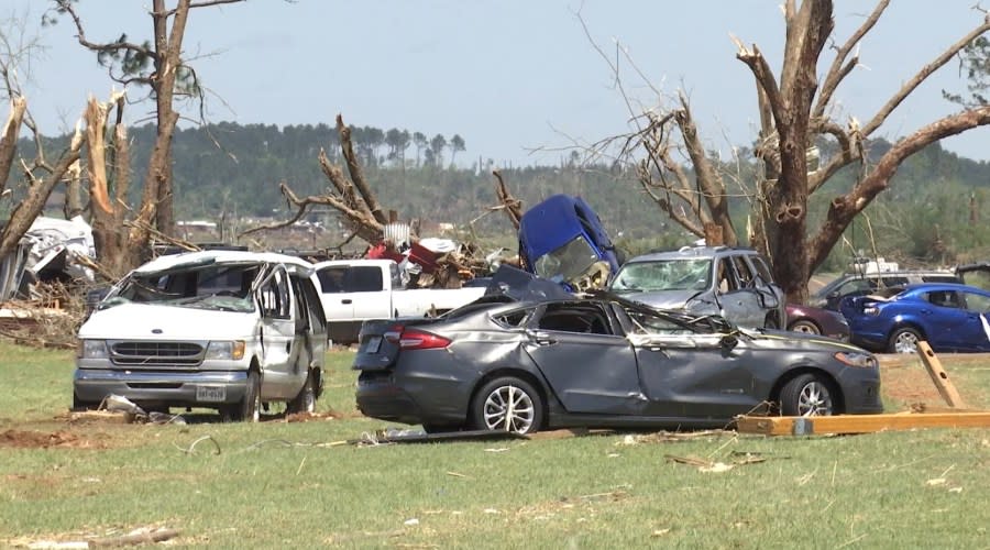 Photos of the aftermath of the tornado at the Caddo Mounds State Historic Site in 2019