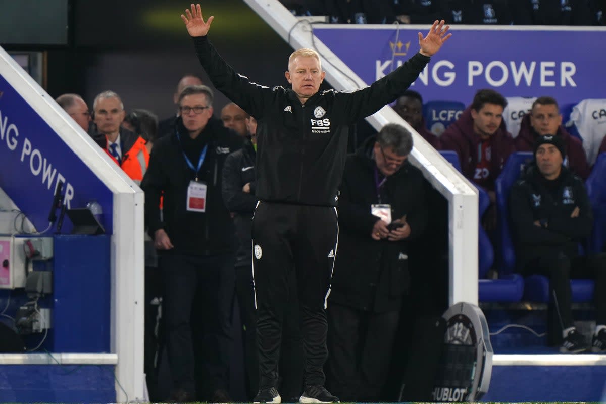 Leicester caretaker manager Adam Sadler gestures on the touchline during the game against Aston Villa (Tim Goode/PA) (PA Wire)