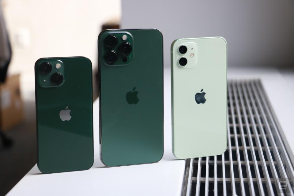 <p>A green iPhone 13 mini, an "Alpine green" iPhone 13 Pro Max and a green iPhone 12 standing on top of a surface with their backs facing the camera.</p>
