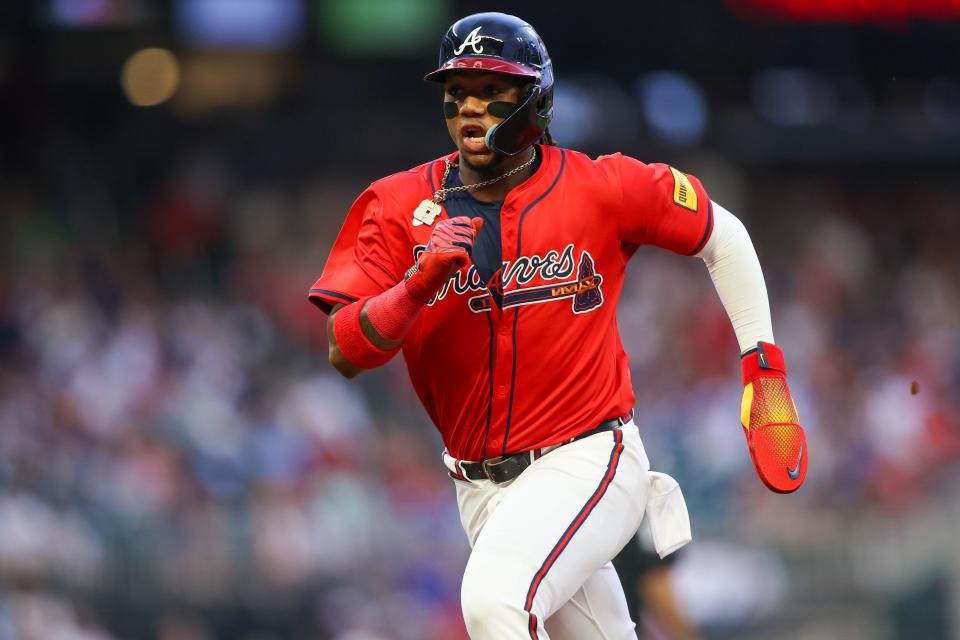 Apr 26, 2024; Atlanta, Georgia, USA; Atlanta Braves right fielder Ronald Acuna Jr. (13) runs back to first against the Cleveland Guardians in the first inning at Truist Park. Mandatory Credit: Brett Davis-USA TODAY Sports