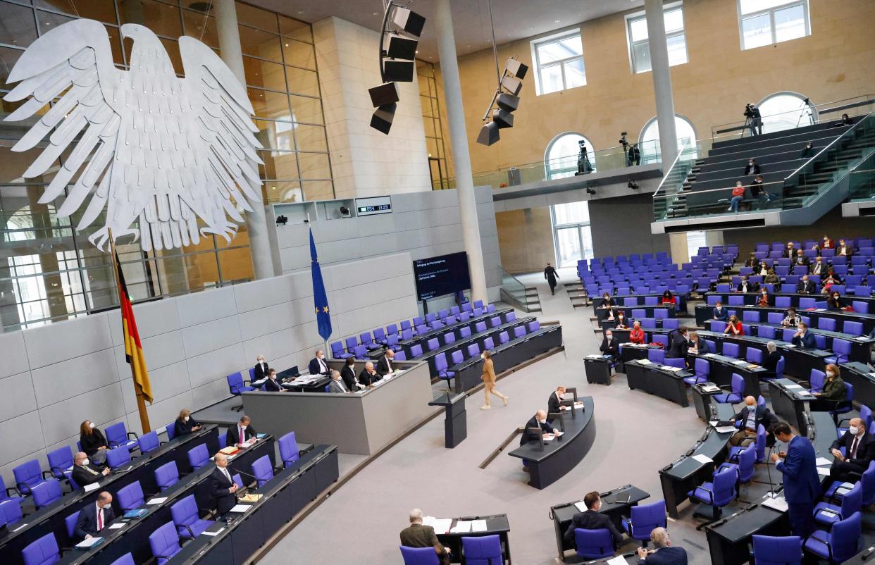 General view as German Finance Minister and Vice-Chancellor Olaf Scholz (3rdL) answers questions during a session at the Bundestag (lower house of parliament) on May 19, 2021 in Berlin. (Photo by Odd ANDERSEN / AFP) (Photo by ODD ANDERSEN/AFP via Getty Images)