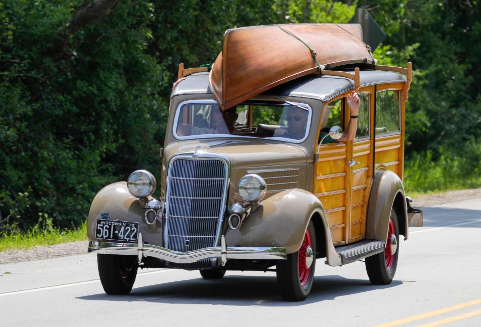 A 1935 Food Woodie on its way to the water in Elkhart Lake, Wisconsin, this year.